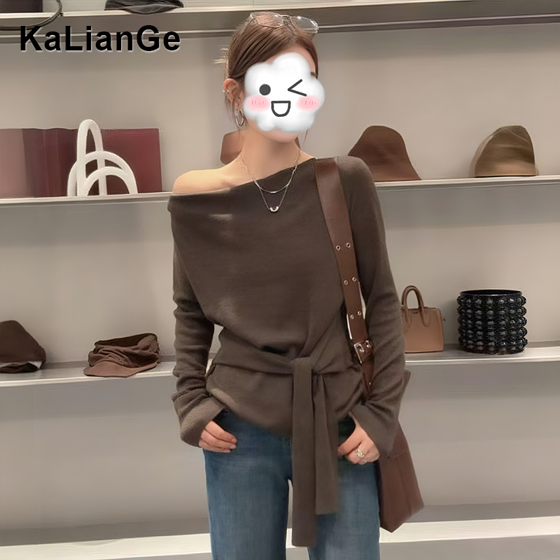 卡莲格/不规则斜肩绑带设计感针织衫女秋季新款修身显瘦长袖上衣