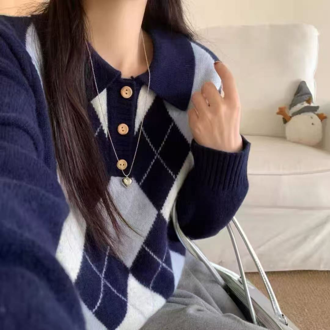 T1163『墨尔本海湾』韩系春秋冬针织菱格套头女