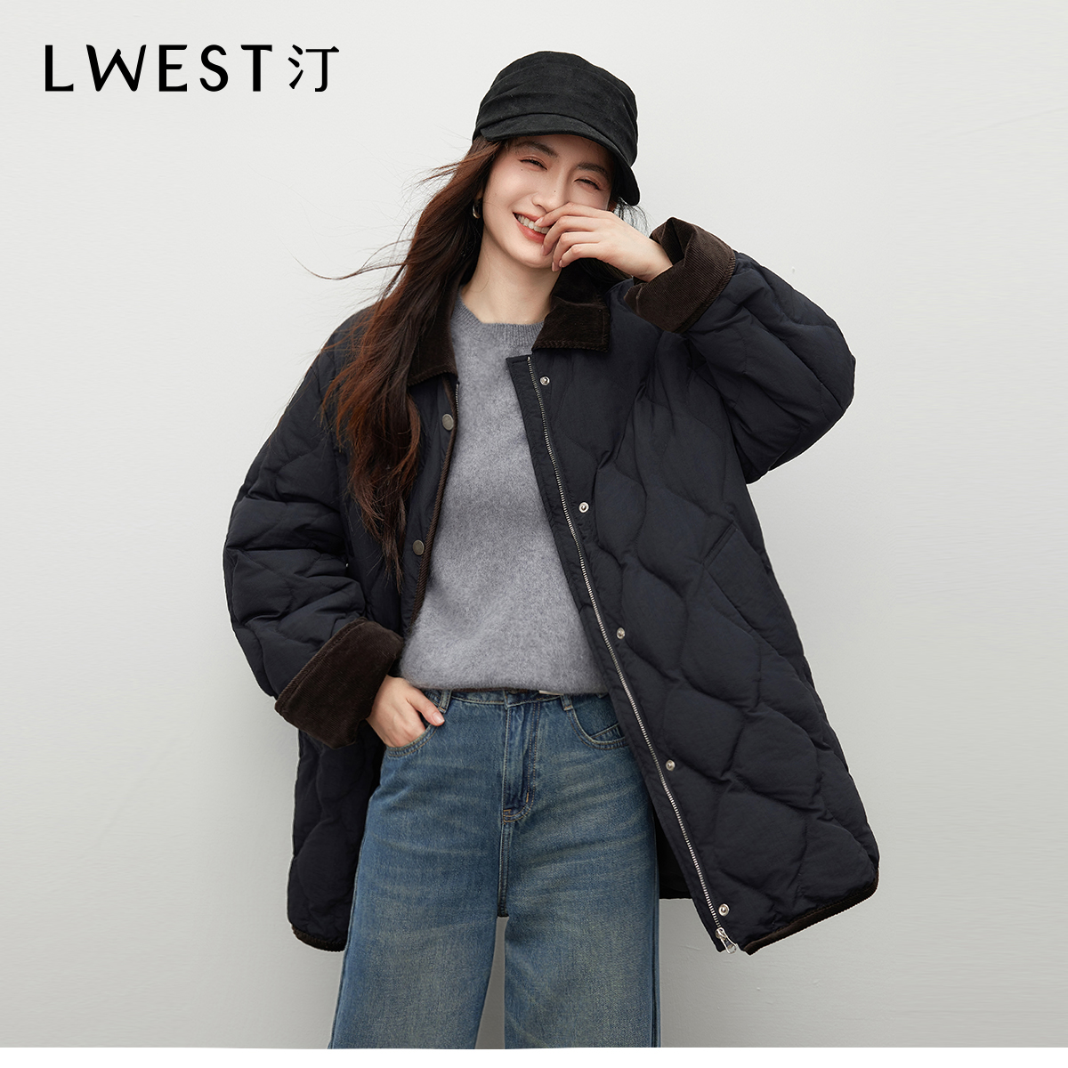 朗文斯汀2025冬新款通勤翻领菱形压褶鹅绒羽绒服DTMA5511D12888