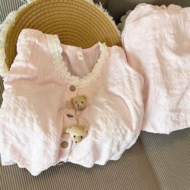 带胸垫粉色小熊睡衣女款春秋季长袖长裤套装可爱开衫家居服可外穿