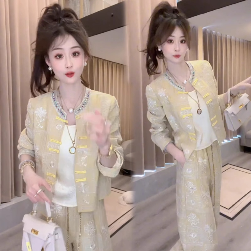 时尚洋气质套装2025夏季新款女装国风减龄短上衣显瘦阔腿裤两件套