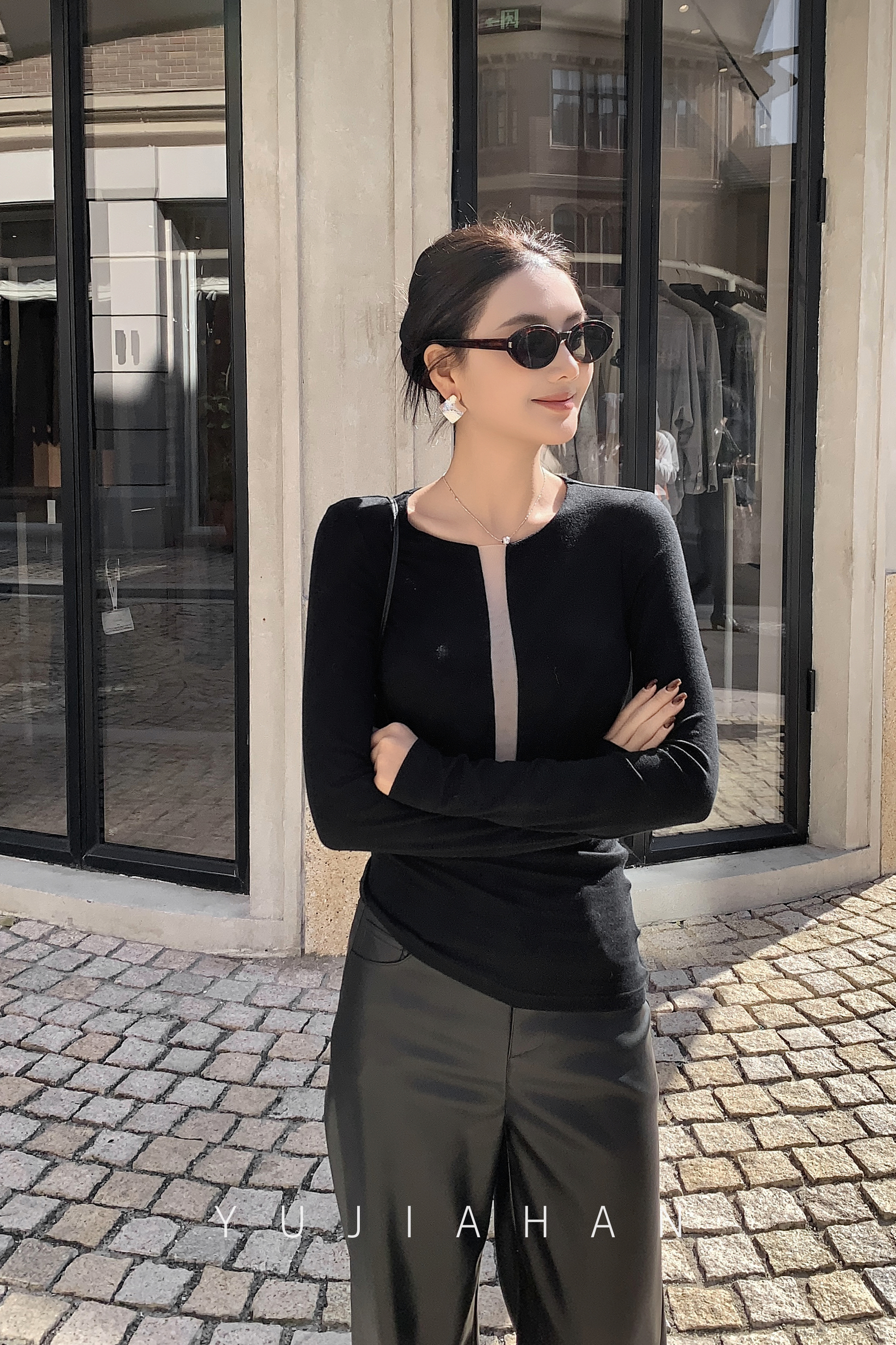 YUJIAHAN「天丝羊毛」2025秋冬小众设计修身显瘦镂空拼接胸垫打底衫
