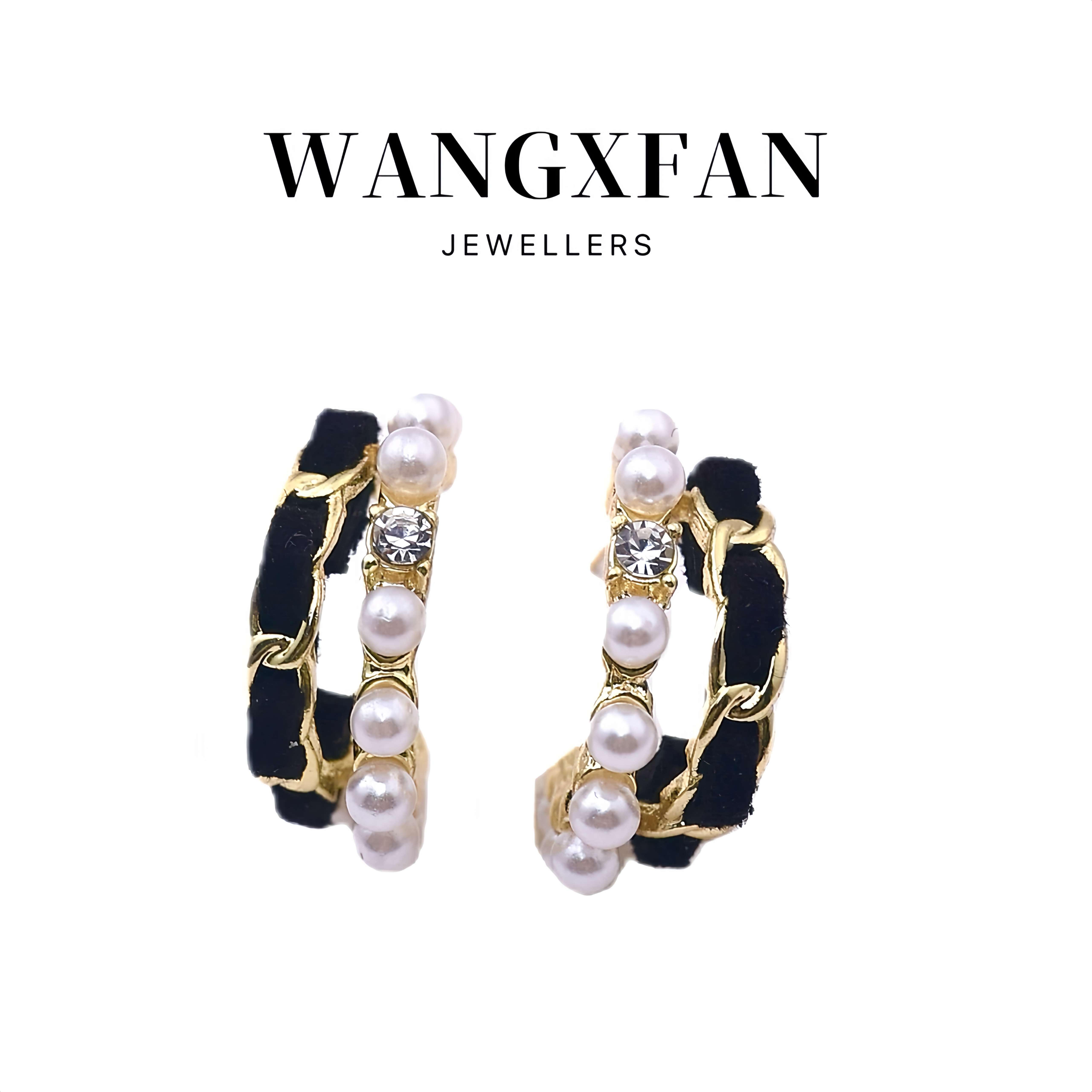 铜合金锆石耳饰 「绮丽」小香千金编织C形珍珠镶钻耳环E029