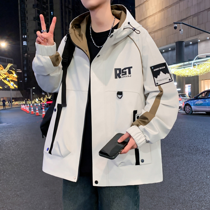 2025秋季新款青少年连帽夹克男生港风宽松潮流学生休闲冲锋衣外套