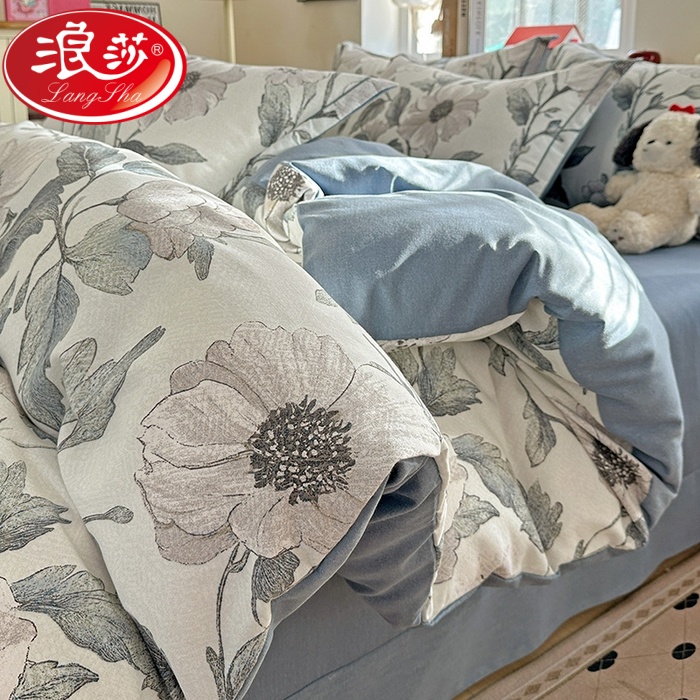 LangSha/浪莎全棉磨毛斜纹加厚纯棉四件套全棉床上四件套被罩宿舍