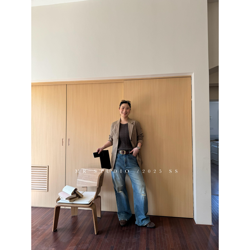 【YILI显瘦女装】港风水洗做旧直筒复古破洞牛仔裤Y0609