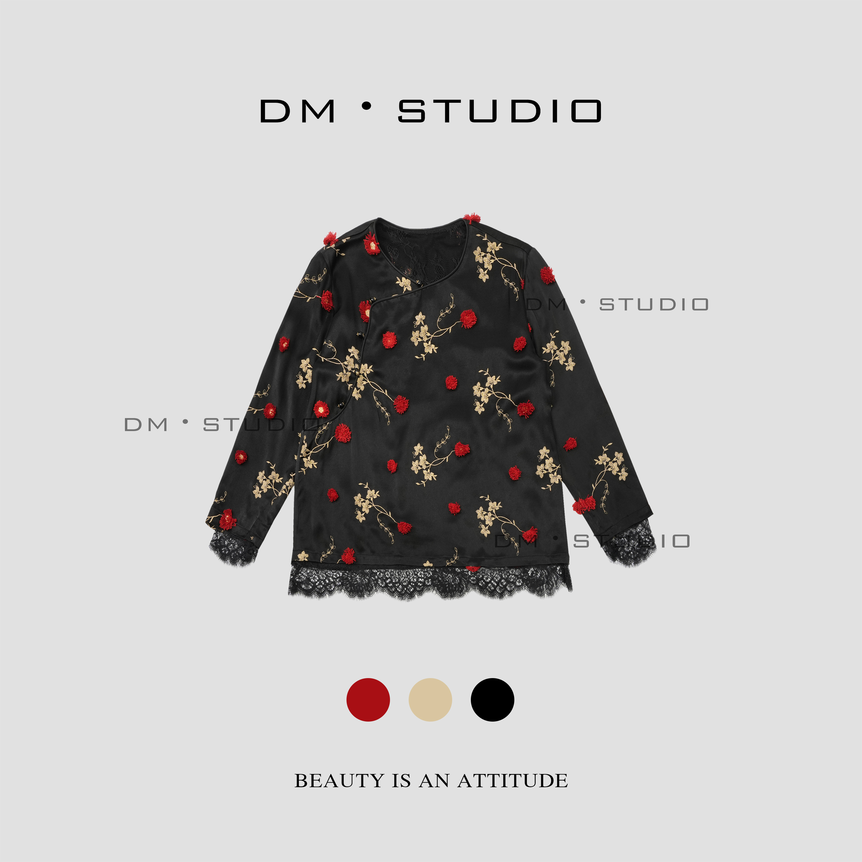 DM•STUDIO/新中式国风拼接蕾丝立体花花衬衫上衣（2323）