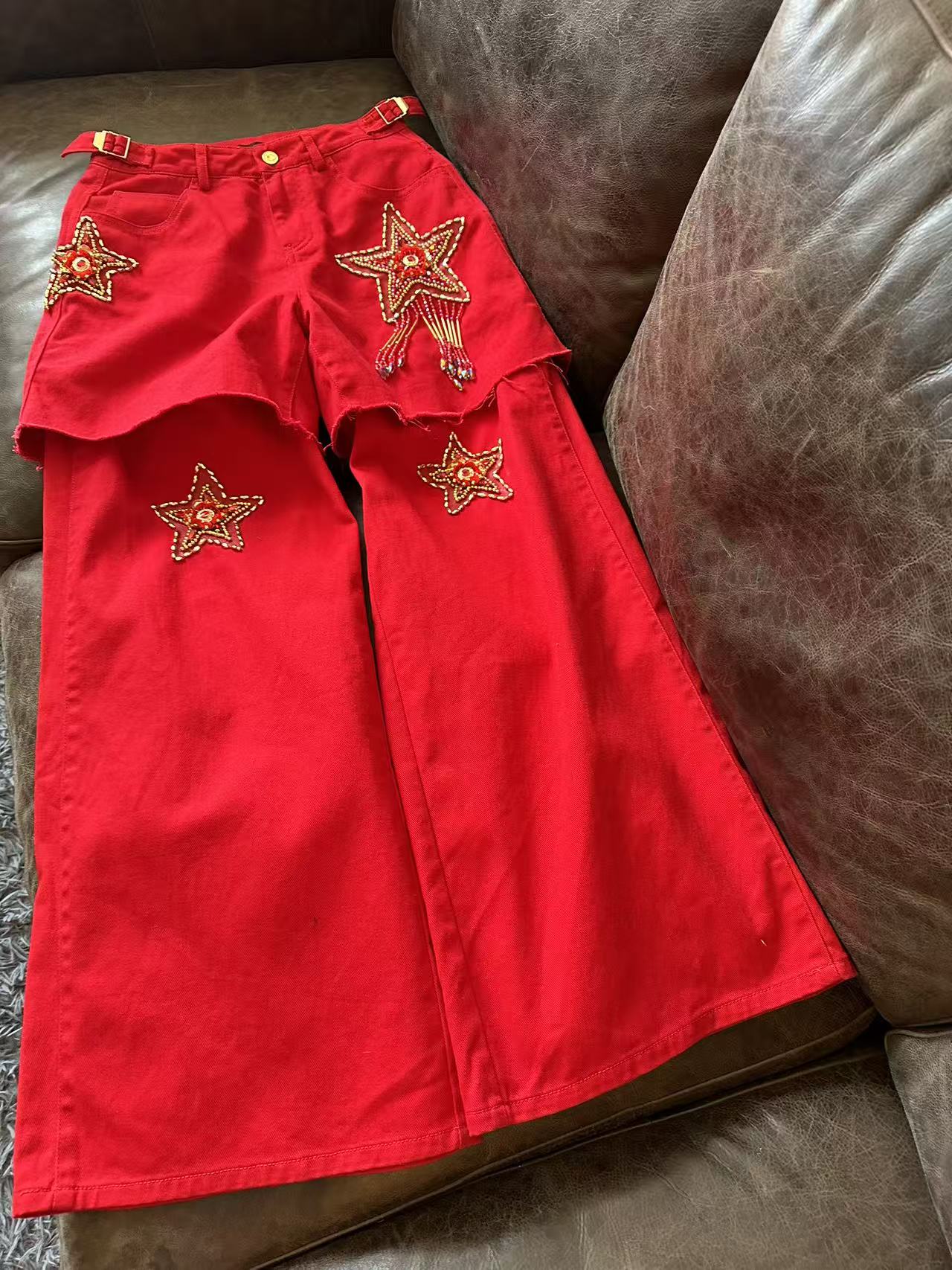 A884 时尚潮流红色百搭重工女士中式长款休闲裤子