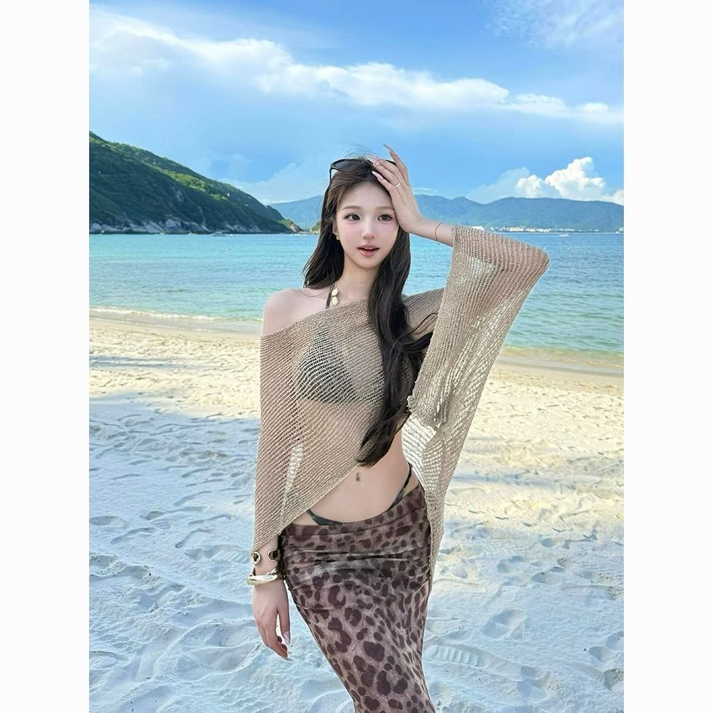 性感辣妹风豹纹比基尼薄款泳衣小胸绑带披肩适合温泉沙滩度假