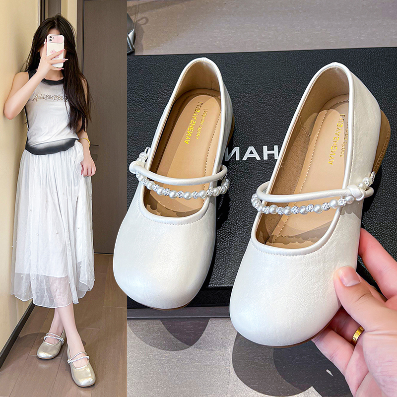 春季浅口单鞋珍珠夏季百搭皮鞋纯色少女风平底鞋罗马风格