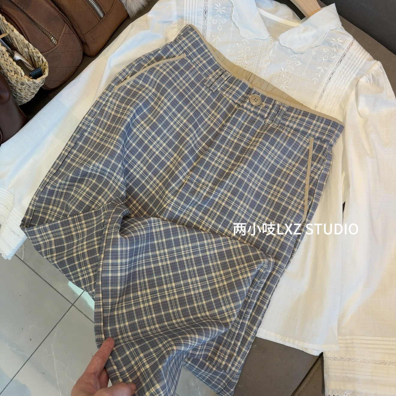 两小吱《蓝色格调》格子休闲阔腿裤直筒裤