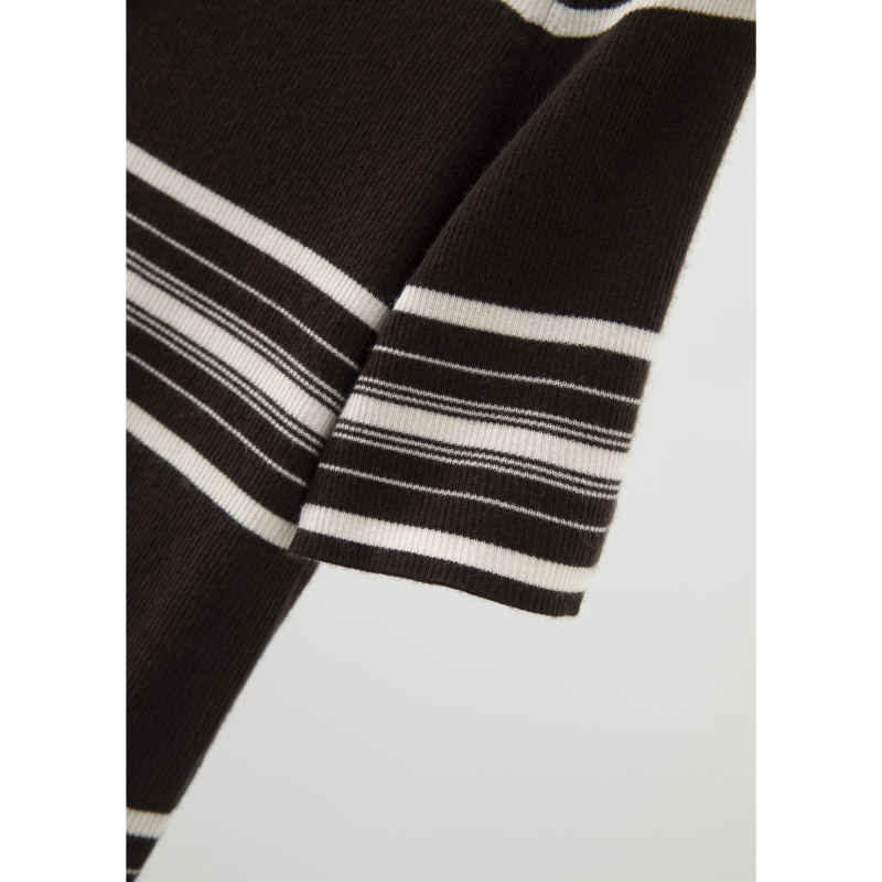 Polo领撞色粗细条纹通勤秋短袖针织衫ZZS4G0806