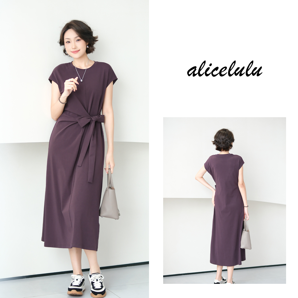2 alicelulu 小众设计感休闲系带收腰连衣裙亲肤柔软S2142566E