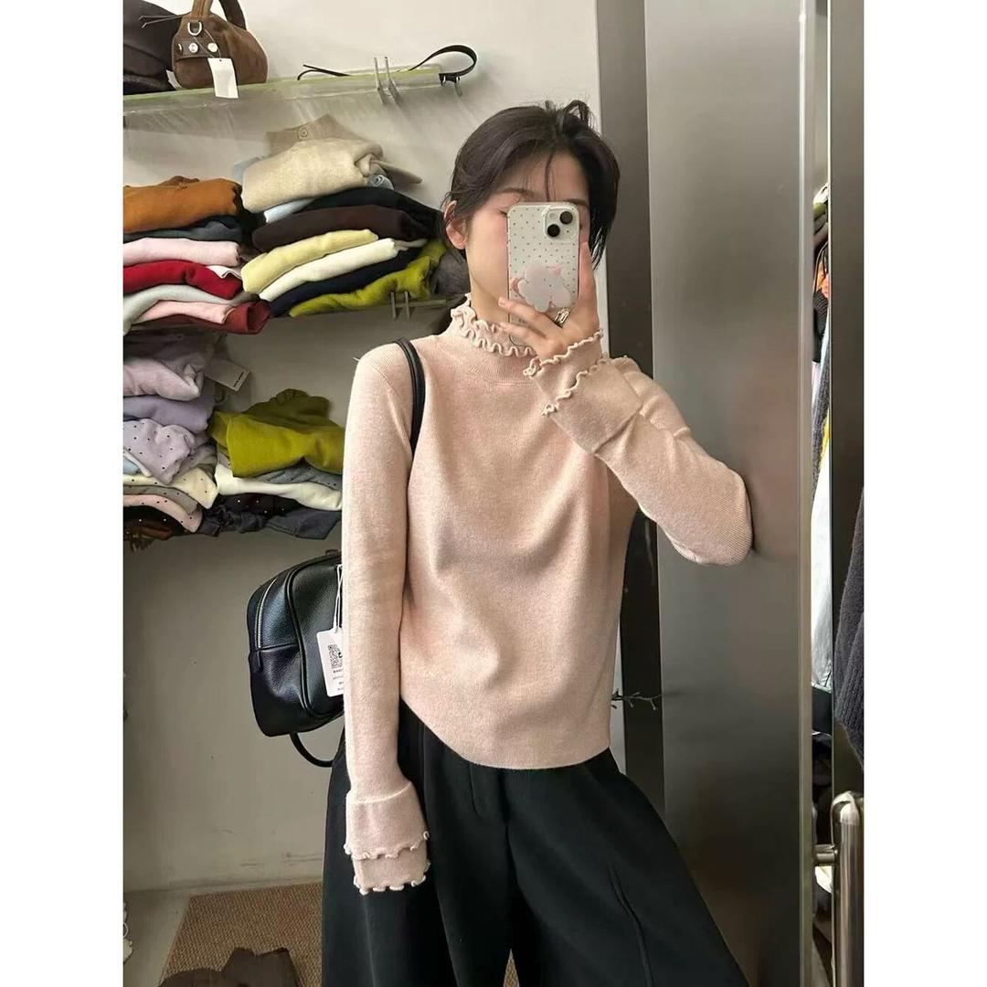 韩系温柔甜美风木耳边半高领针织衫优雅气质百搭上衣女6878#0.1qq