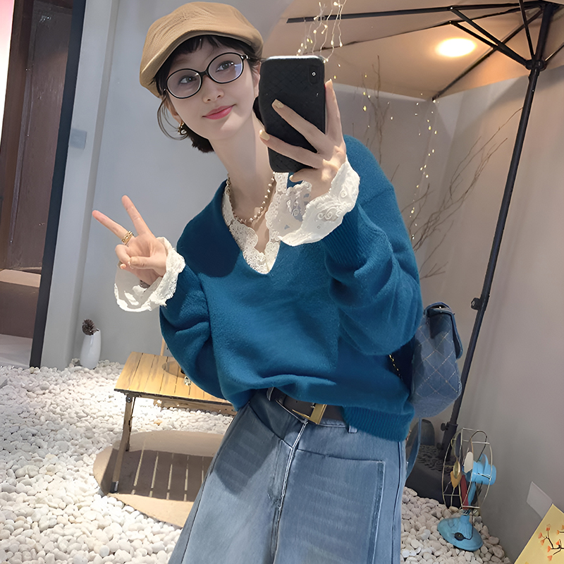 假两件蕾丝拼接v领毛衣女秋冬新款宽松慵懒感时尚洋气针织衫上衣