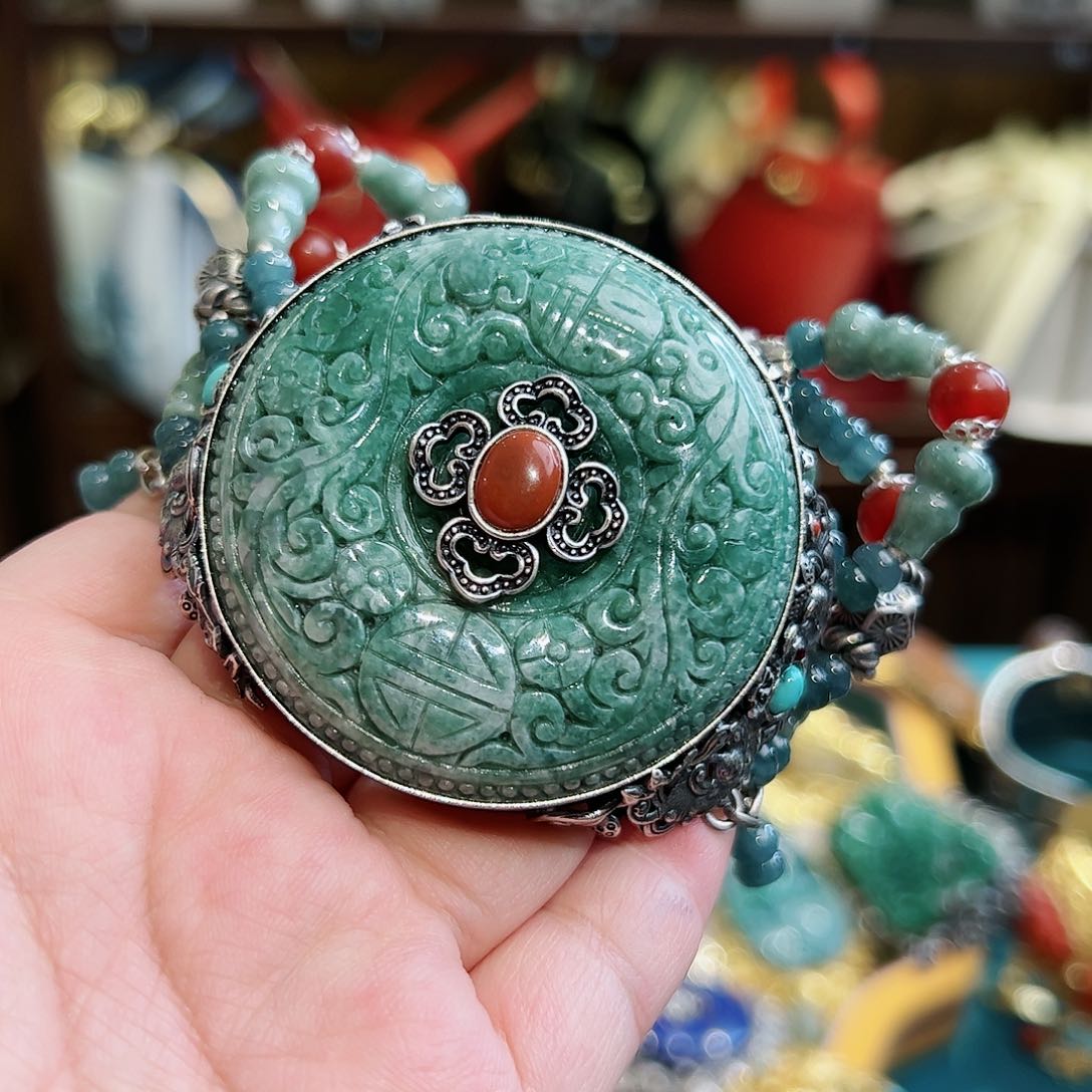 翡翠手链银S925镶嵌古风