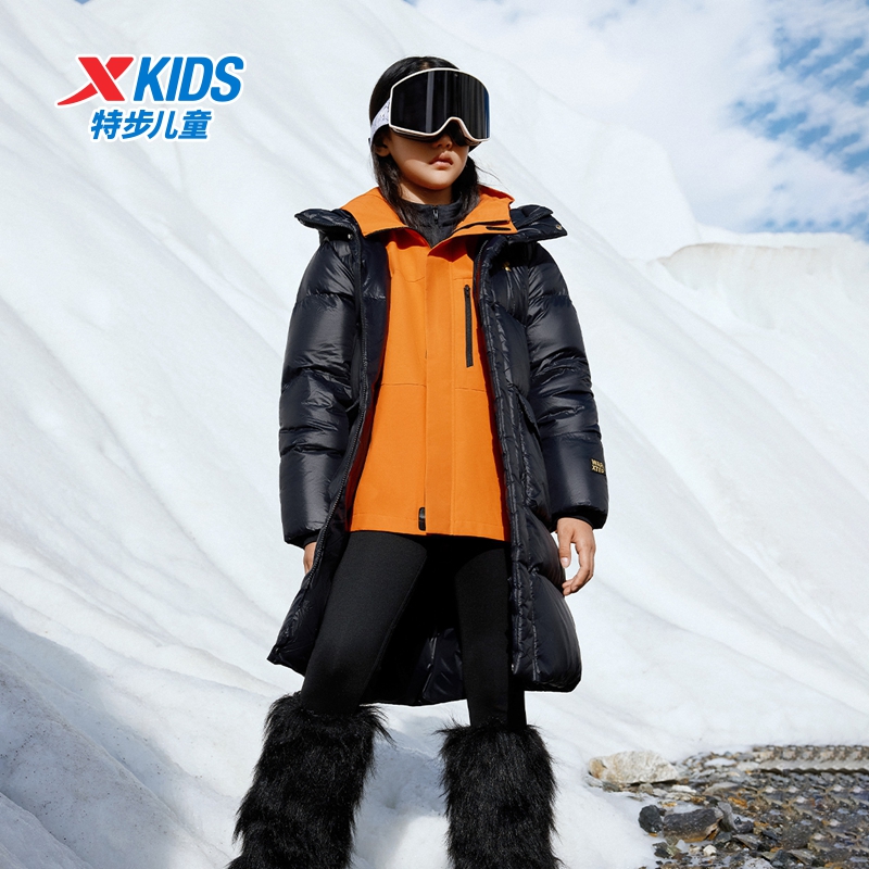 【黑金长款羽绒服】特步儿童冬季男女保暖外套百搭潮流抗风舒适时尚