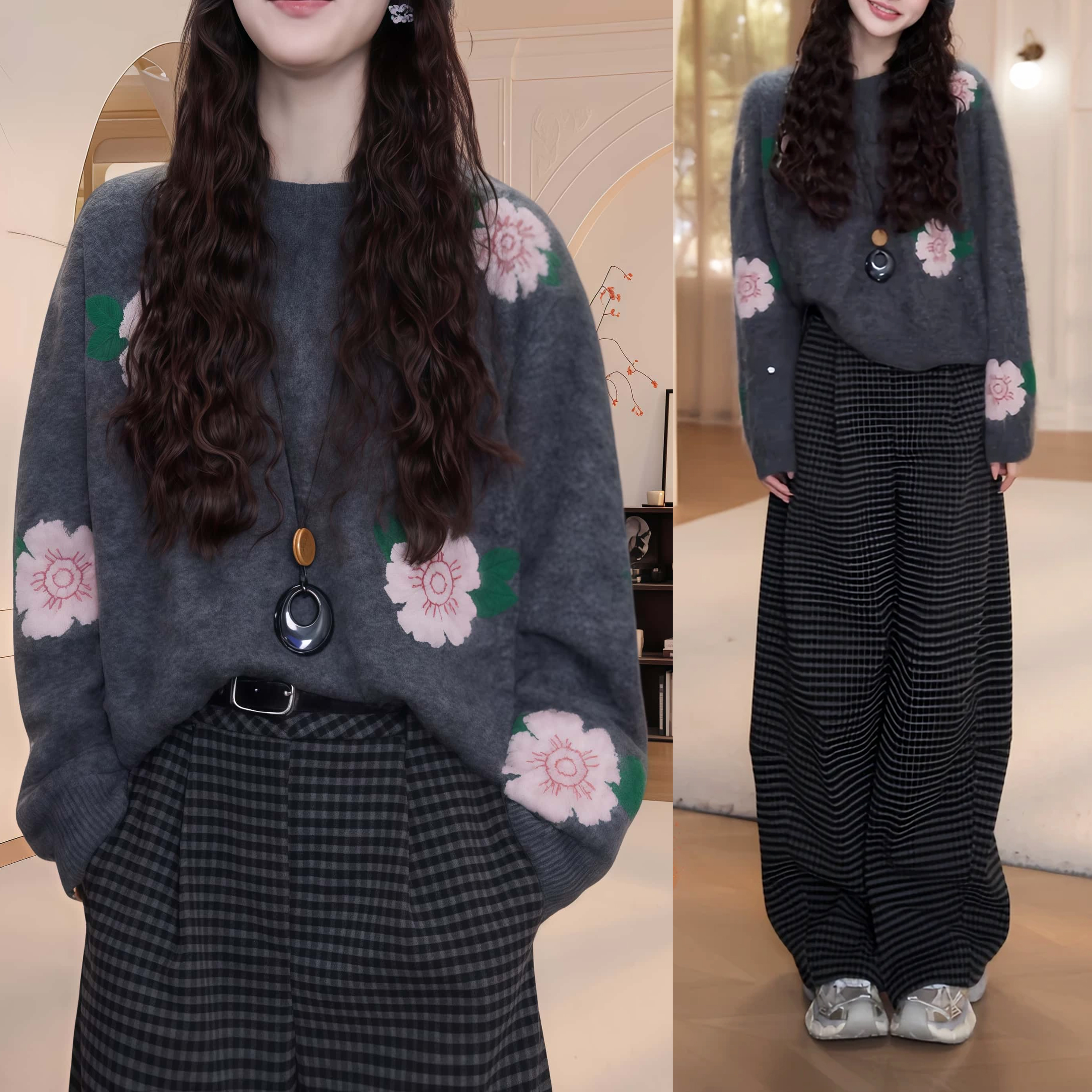 灰色圆领套头花朵毛衣女款2025秋冬新款ins风印花慵懒长袖针织衫