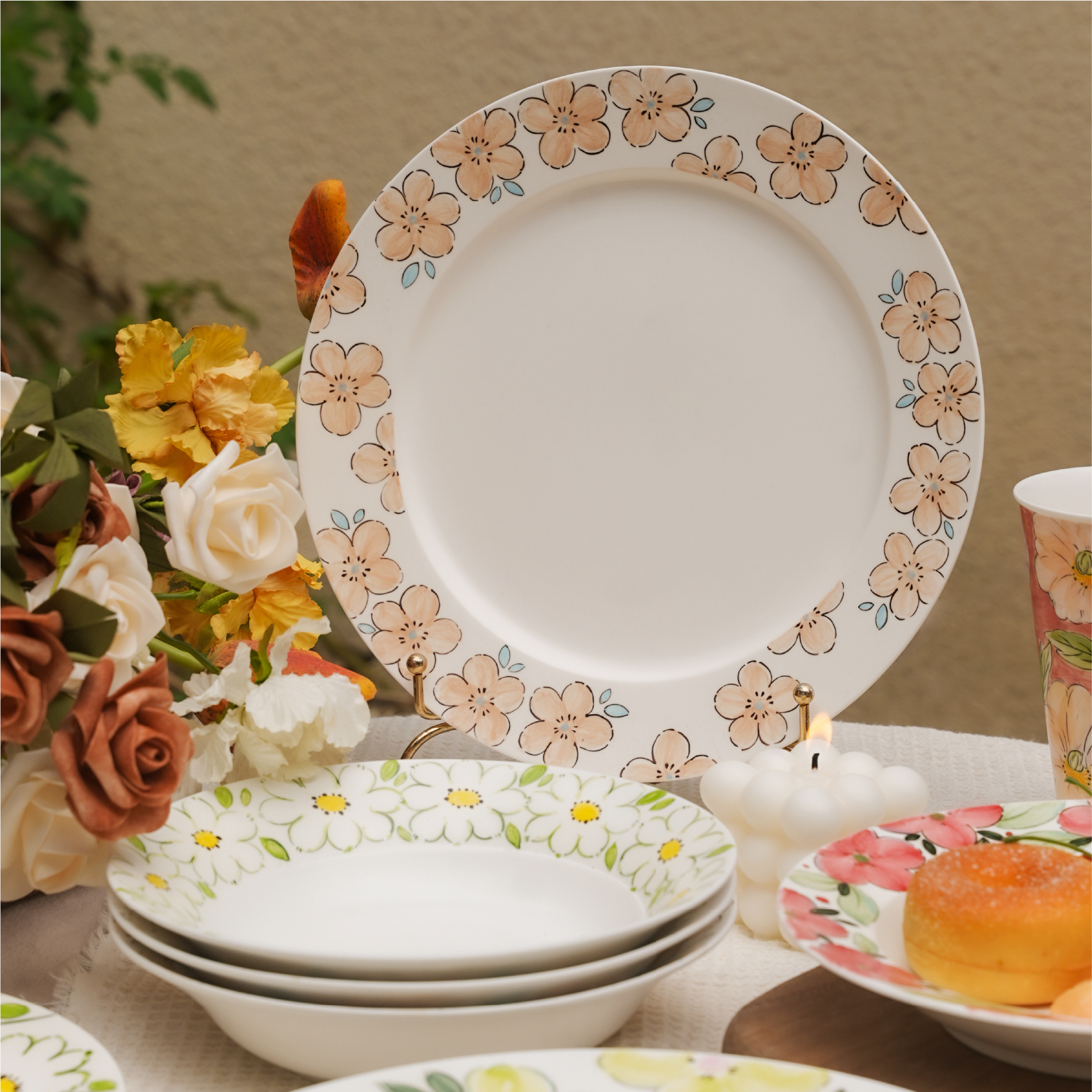 大有日-六只陶手作餐盘可爱花卉山茶花骨碟粉色日常家用餐盘圆盘