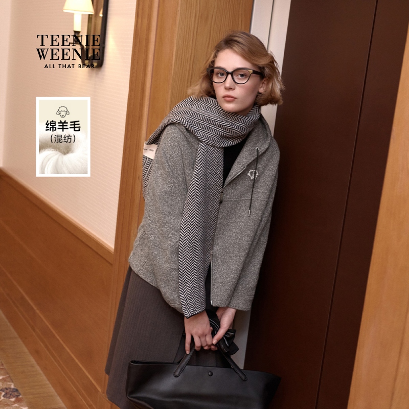 *TeenieWeenie小熊毛呢外套2025气质外出新款连帽大衣TTJW254VW3B