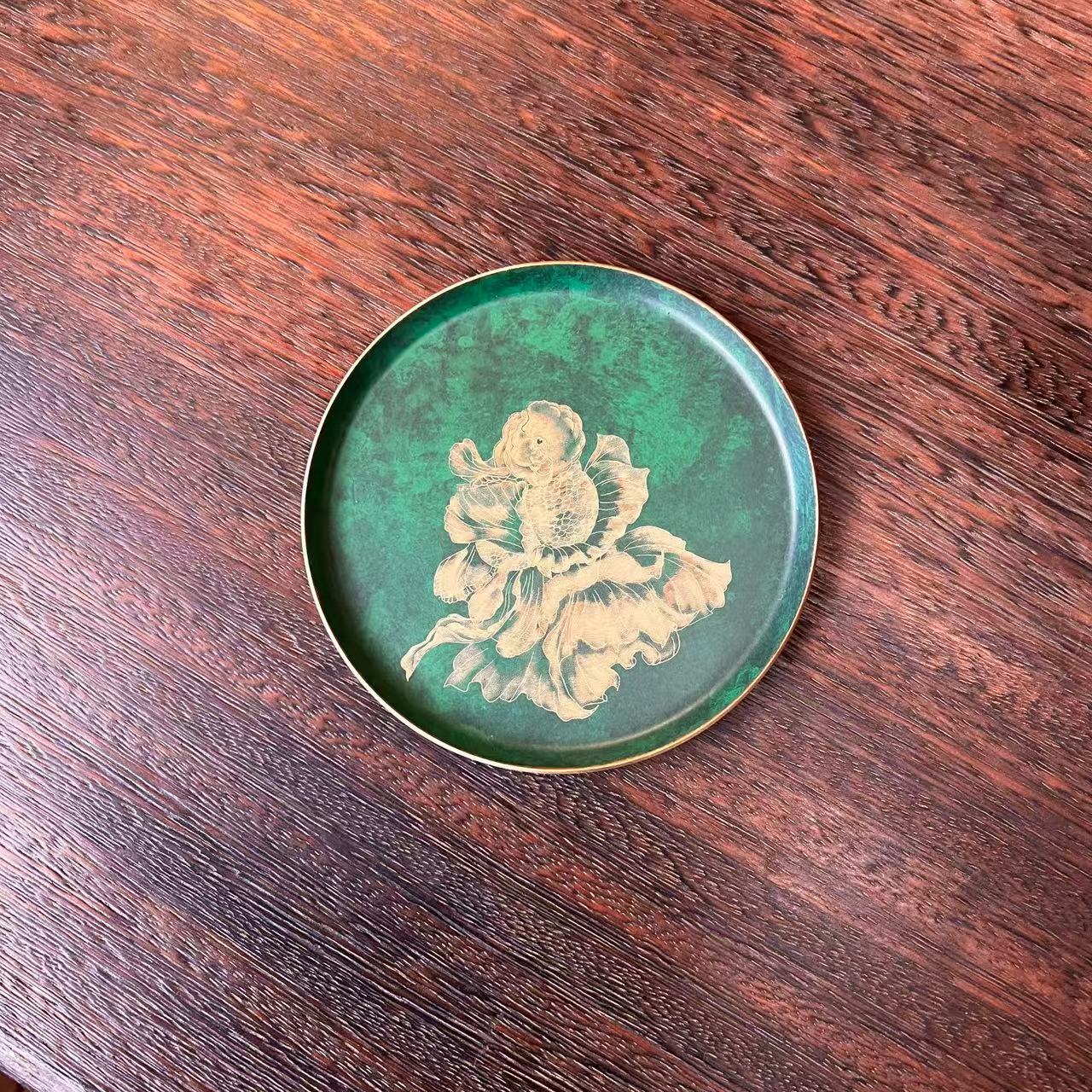 复古绿圆形杯垫-金鱼图（Q6581）