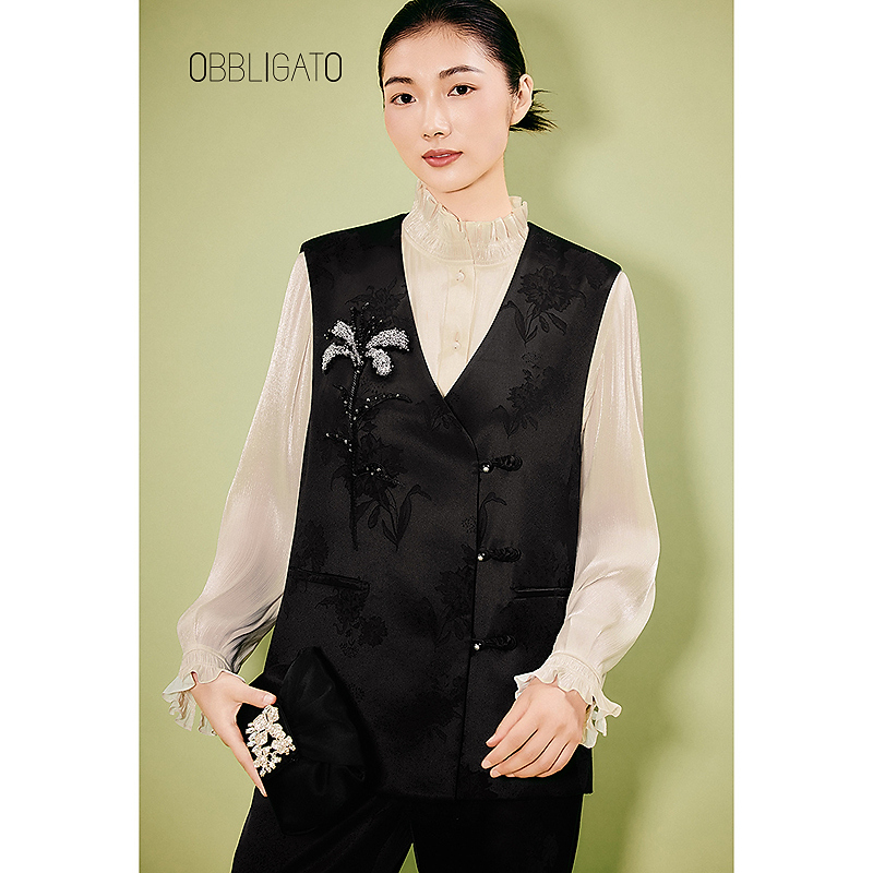 OBBLIGATO奥丽嘉朵2025秋季1C35301060新品新中式盘扣绣花马甲