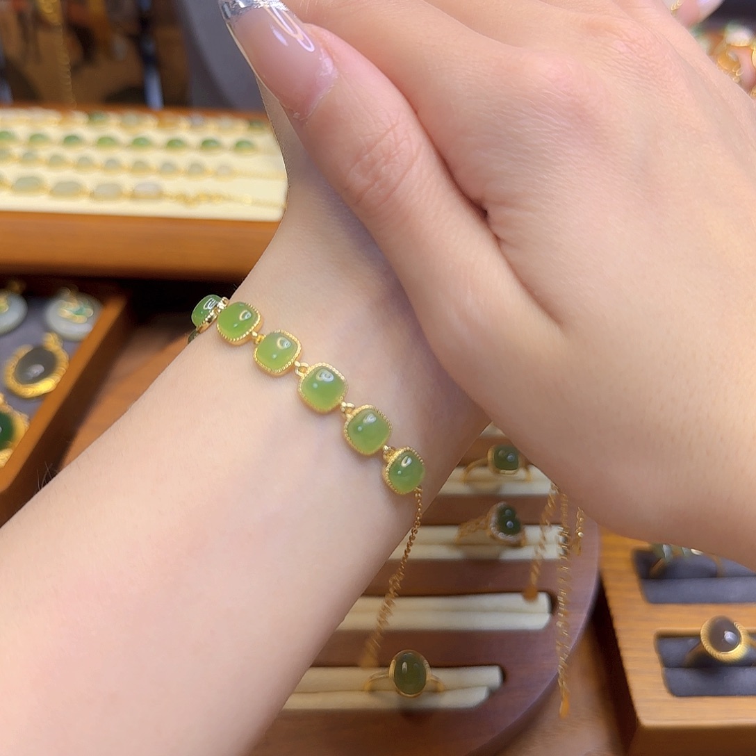 和田玉手链银S925镀金镶嵌