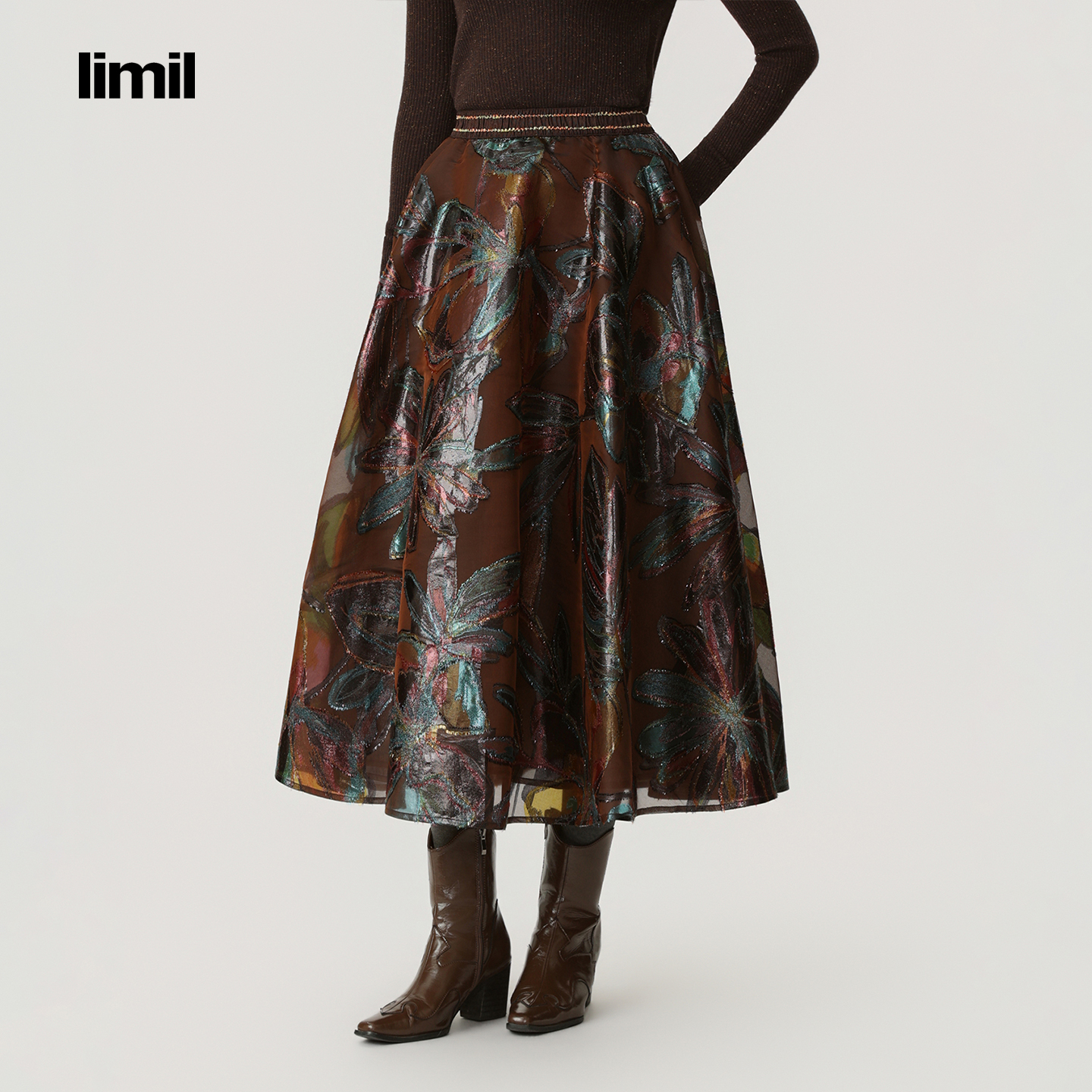 limil/丽米儿秋冬轻奢系列桑蚕丝复古气质提花优雅半身裙920060
