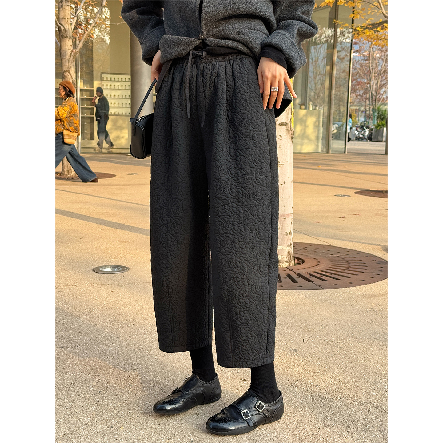 LANGQING 抽绳松紧腰雕花绗线新雪丽棉裤47415/47595#