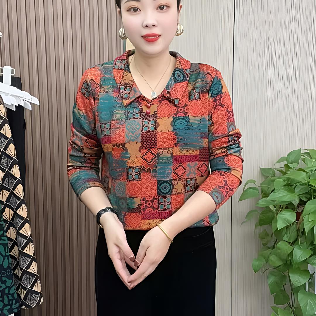 秋季新款时尚妈妈装洋气百搭气质显瘦大码中老年翻领花色长袖小衫