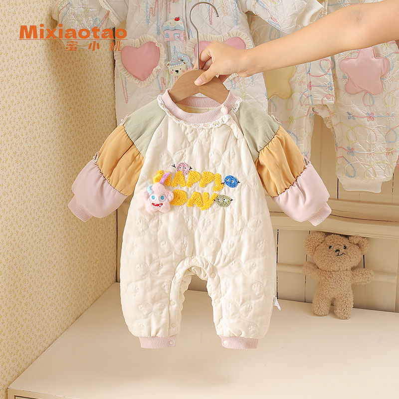 冬款彩色HAPPY夹棉哈衣连体衣幼儿婴儿新生儿女宝婴童宝宝外出服