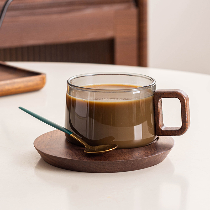 【胡桃木杯垫】高级感玻璃咖啡杯高档精致办公室咖啡杯碟套装带勺垫