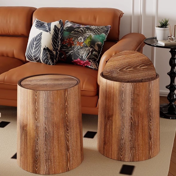 复古仿木纹垃圾桶家用翻盖大容量客厅厨房民宿办公室商用中式纸篓