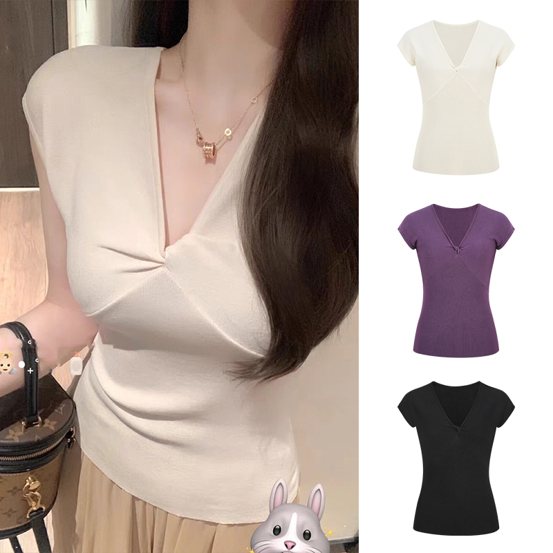 Moses Queen/魔西女王时尚扭结设计 V领针织衫女法式温柔短袖上衣