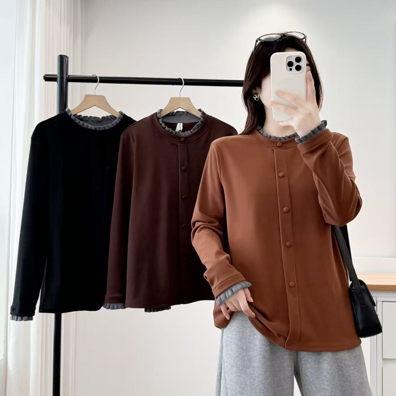 大码胖mm保暖圆领女秋季女款韩版打底T恤气质时尚百搭花边领