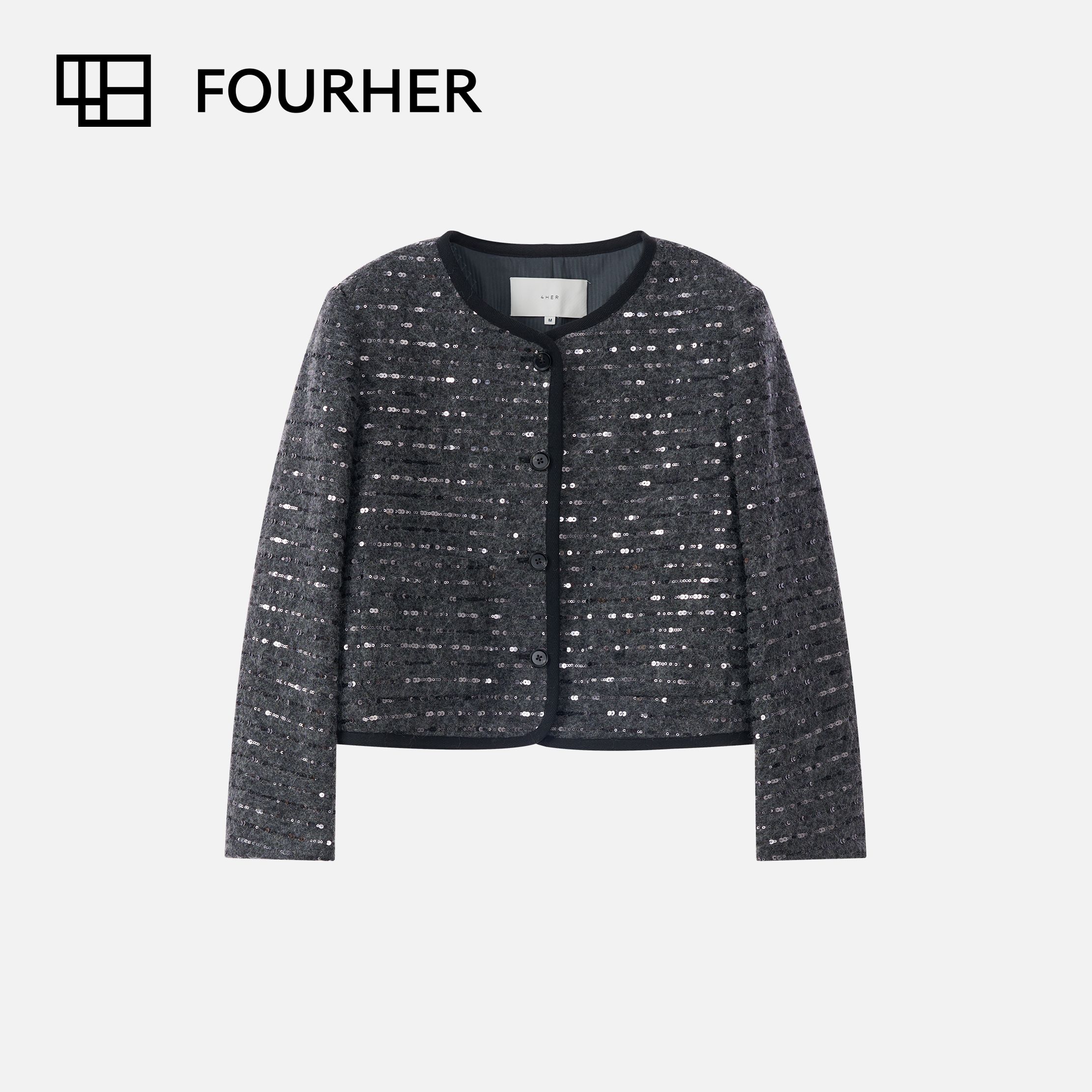 FOURHER月下摘星 银河璀璨亮片 包边圆领毛呢小香外套