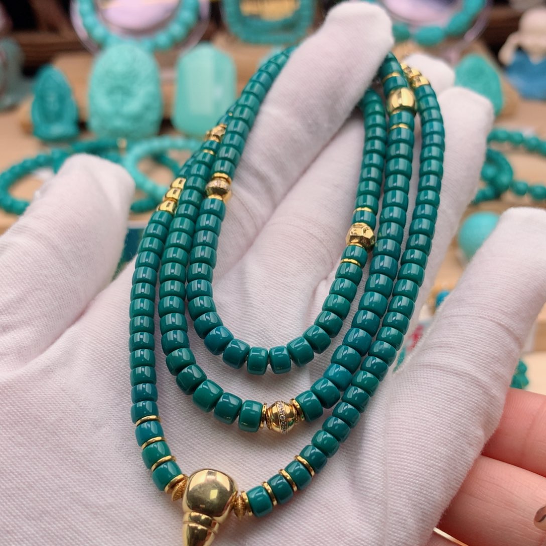 绿松石珠宝奇石18K金镶嵌直切108