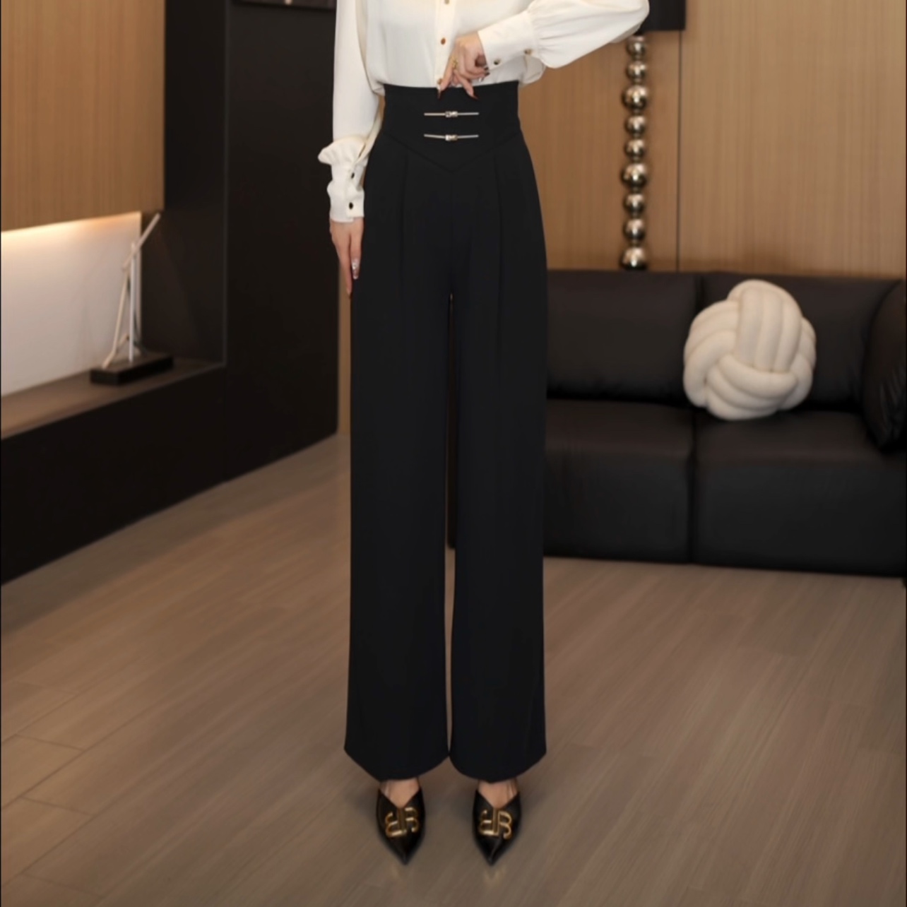 新款时尚女人味百搭显瘦高腰直筒阔腿裤