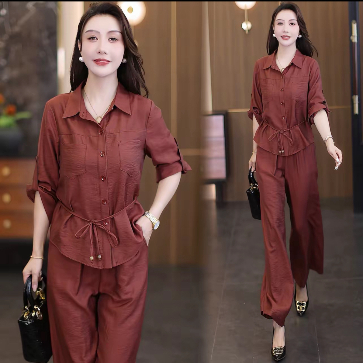 时尚休闲套装女2025秋新款洋气减龄长袖衬衣宽松百搭阔腿裤两件套