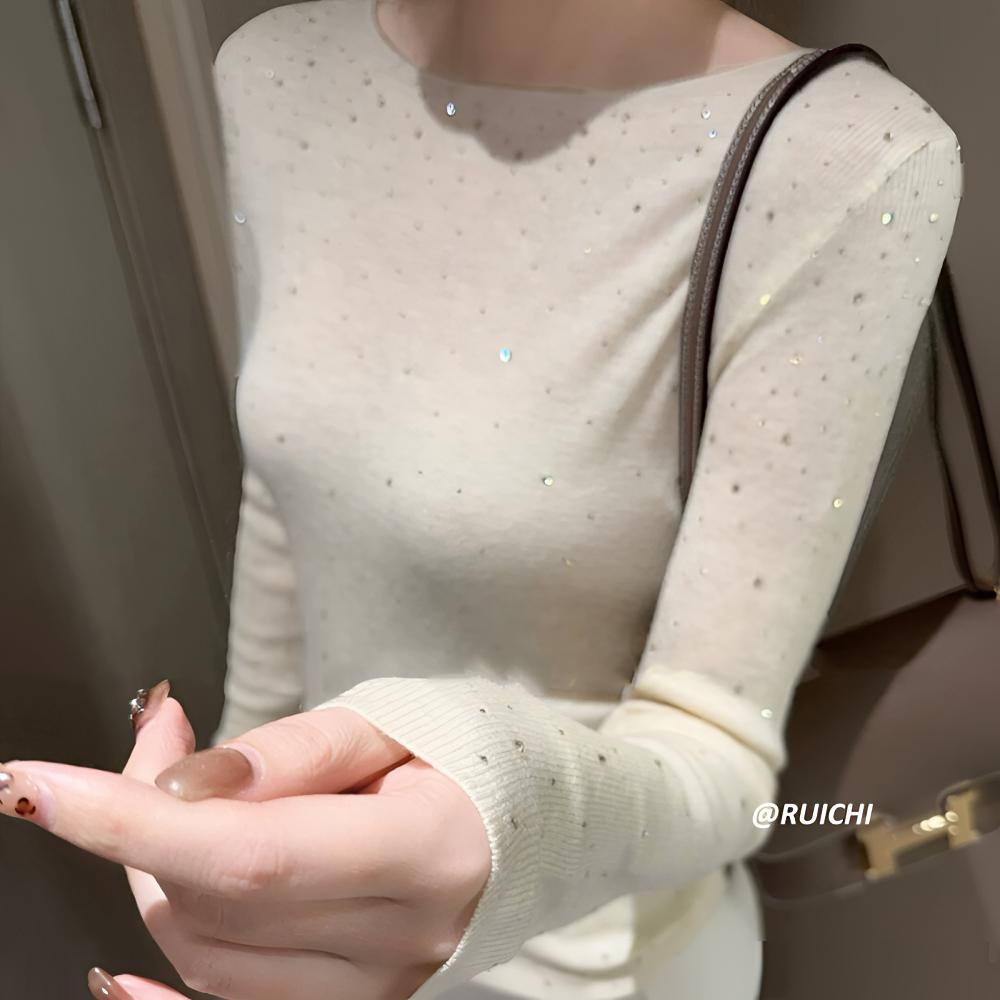 2026春季新款荡领钉钻小心机设计长袖高级百搭针织打底衫上衣
