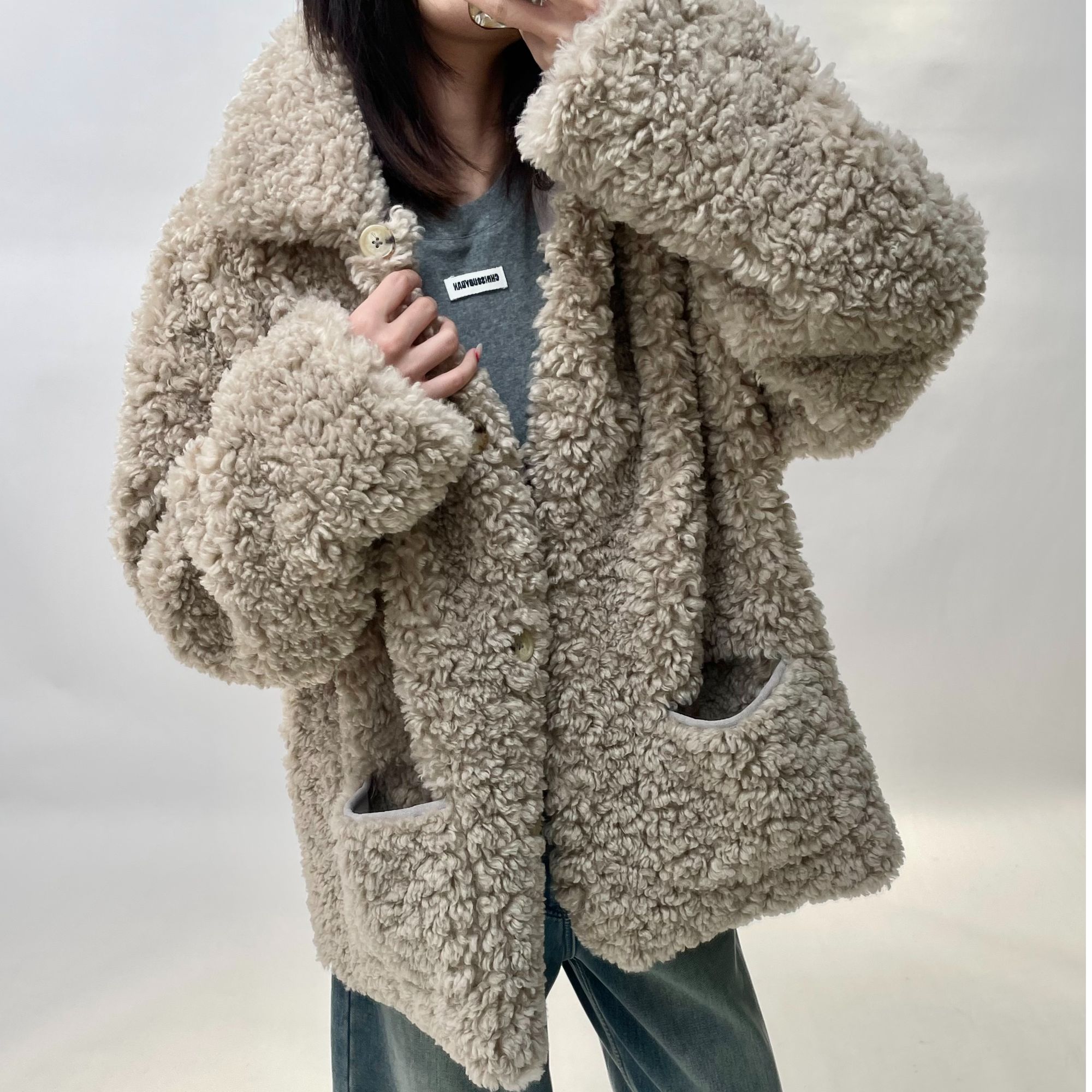 河岸家买手店设计师MONOHA宽松翻领双面穿皮毛一体外套25春