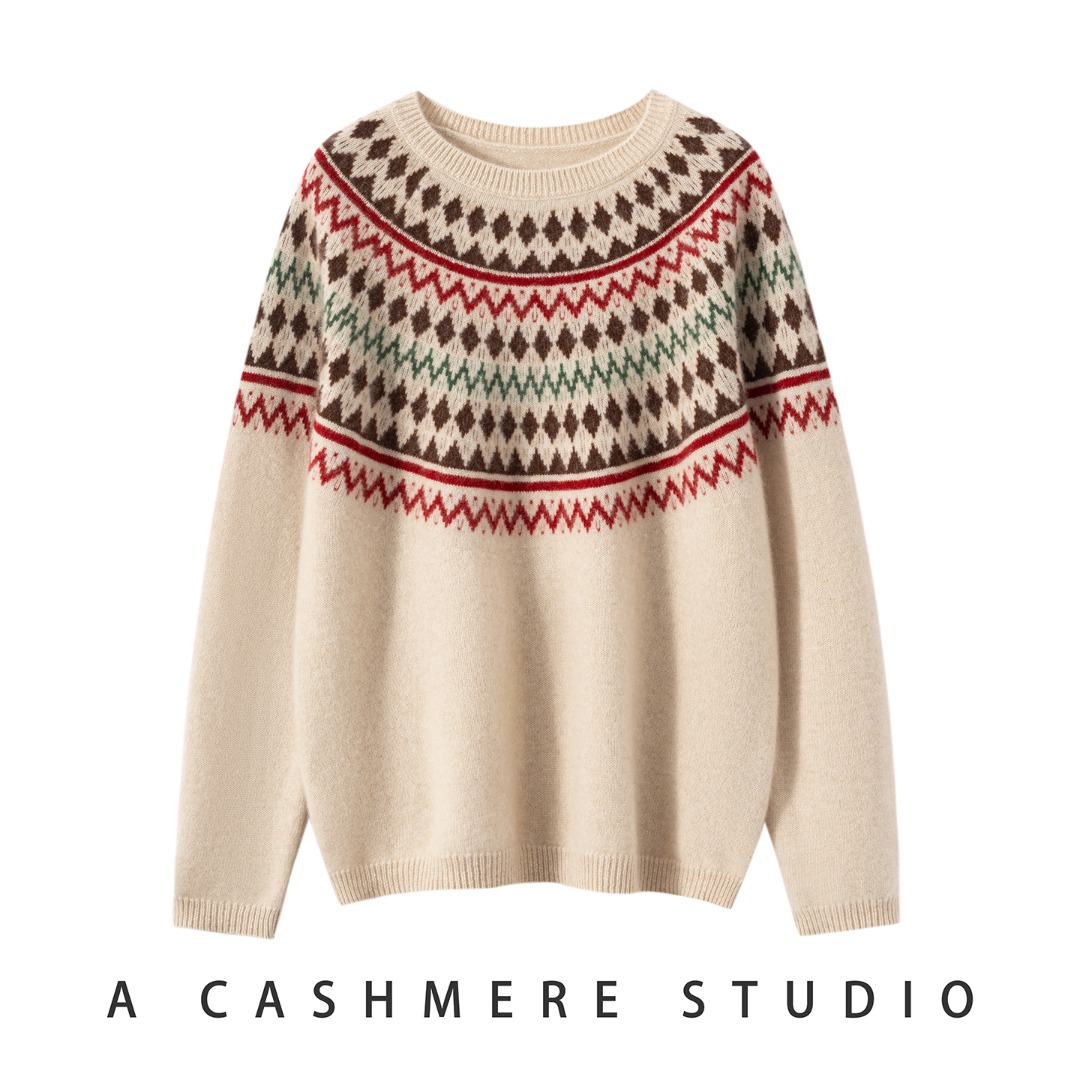 复古提花100%羊绒女士毛衣纯色撞色秋冬羊绒衫短款上衣韩版毛衣衫