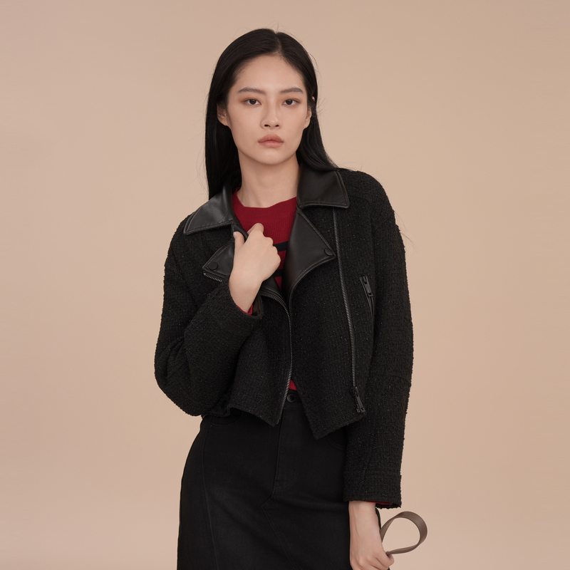 XG雪歌小香风黑色通勤短外套春季新款拉链装饰长袖翻领外套女