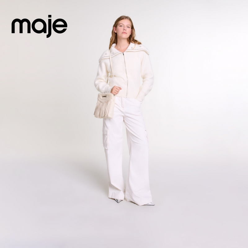 Maje新款女装高级感休闲时尚仿钻饰海军领针织开衫上衣MFPCA00575