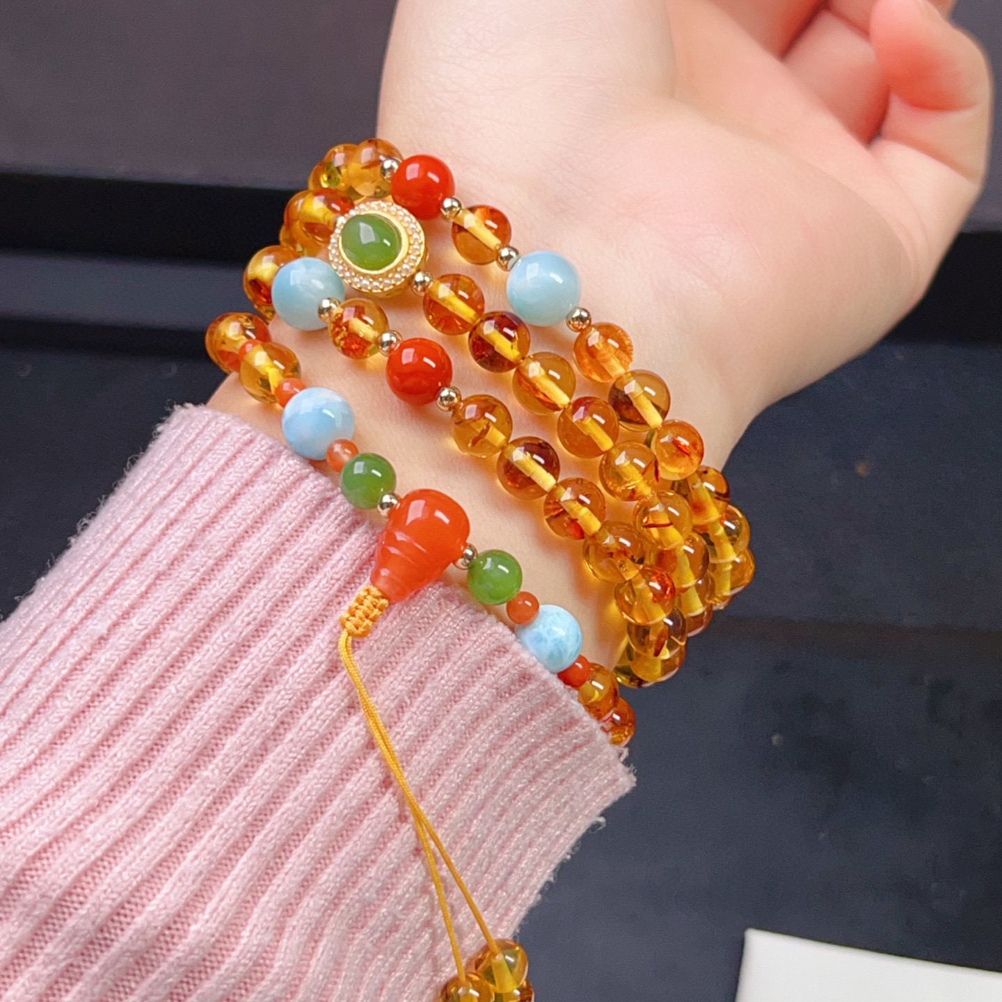 7mm花珀圆珠DIY多圈手链或项链两用款，款式时尚精美