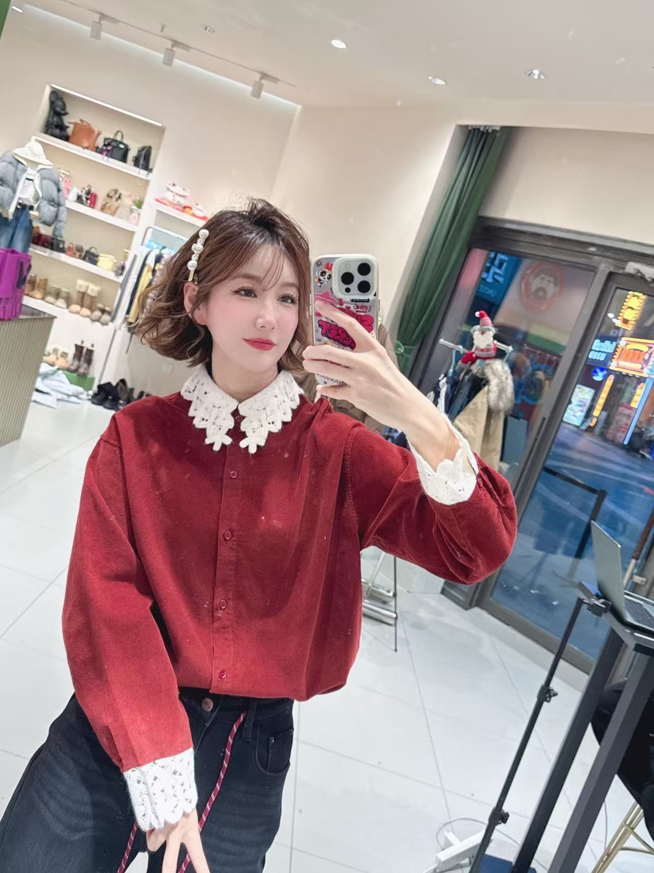 女皇【复古港风长袖拼接蕾丝烫钻衬衫秋冬时尚百搭上衣】衬衫