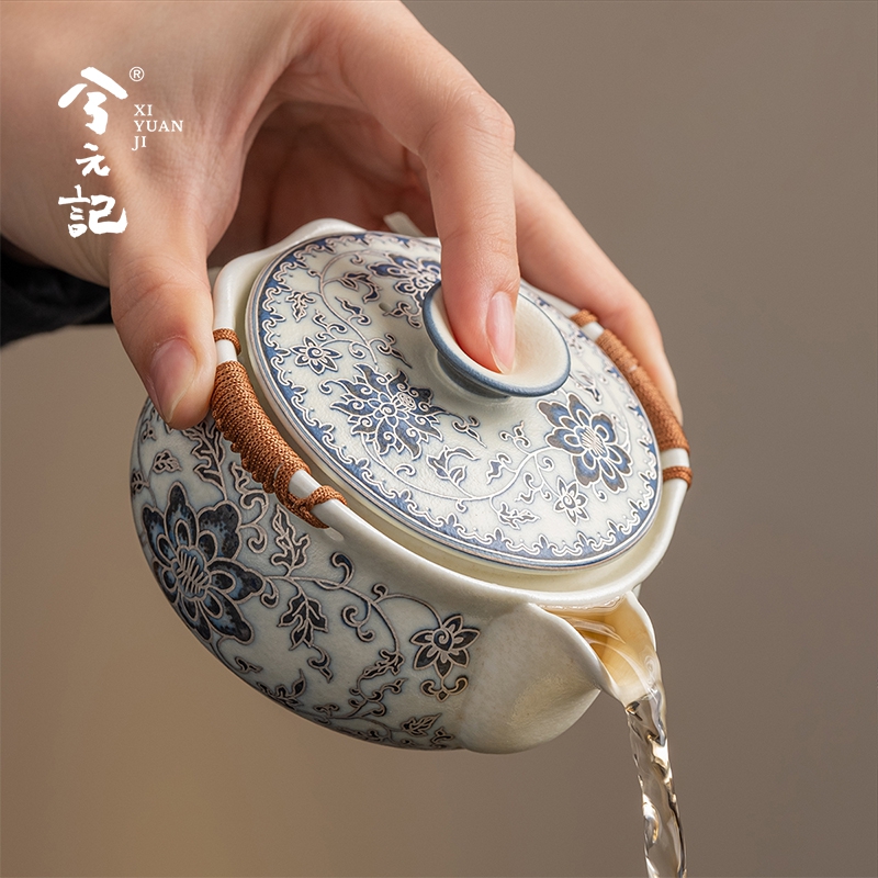 当代青花缠枝莲手抓壶单个高档茶壶泡茶专用家用泡茶器具功夫茶具