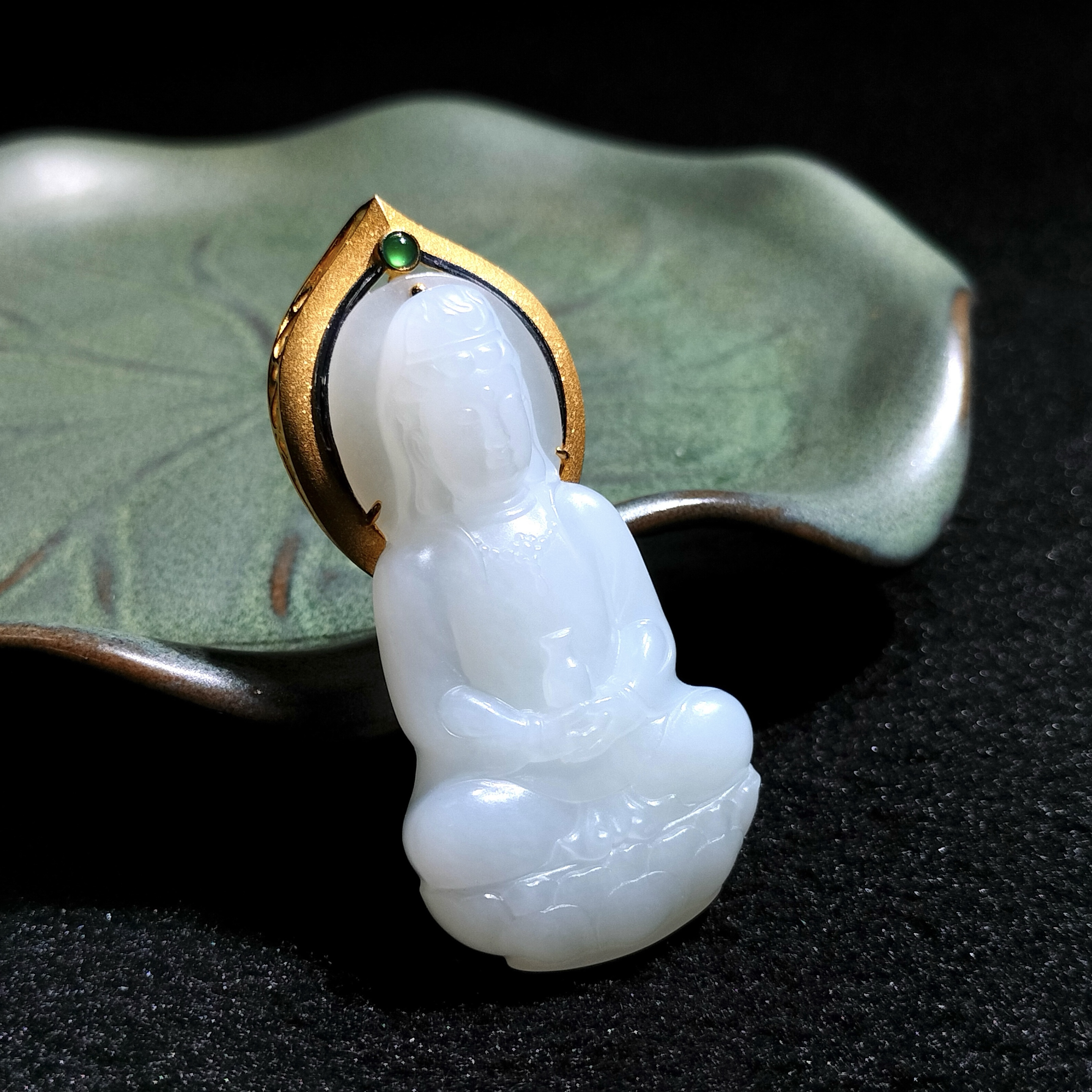 【鹿鸣】18k金珍藏版俄巴沙羊脂白玉苏工观音吊坠 不含链 LM09