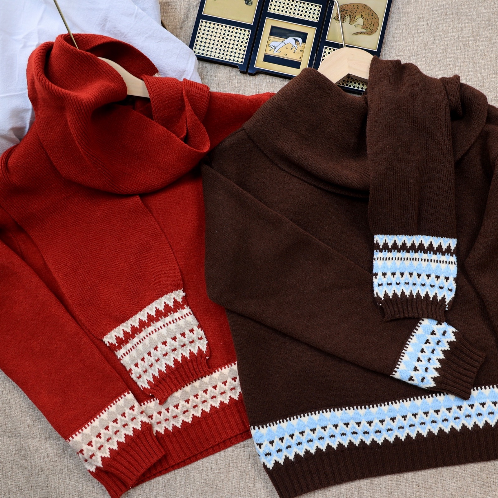 【复古提花两件套】时尚围巾针织两件套冬季拼色保暖加厚毛衣40331