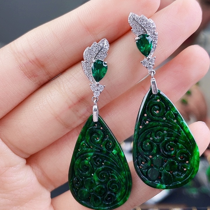 翡翠耳饰银S925镶嵌饰品